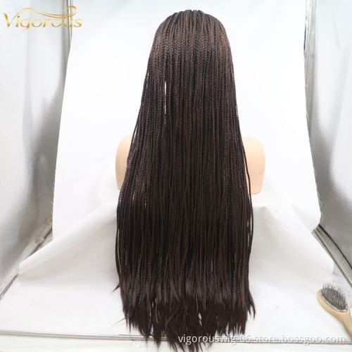 Long straight black cheap wholesale high guality heat resistant synthetic braided wig with lace front